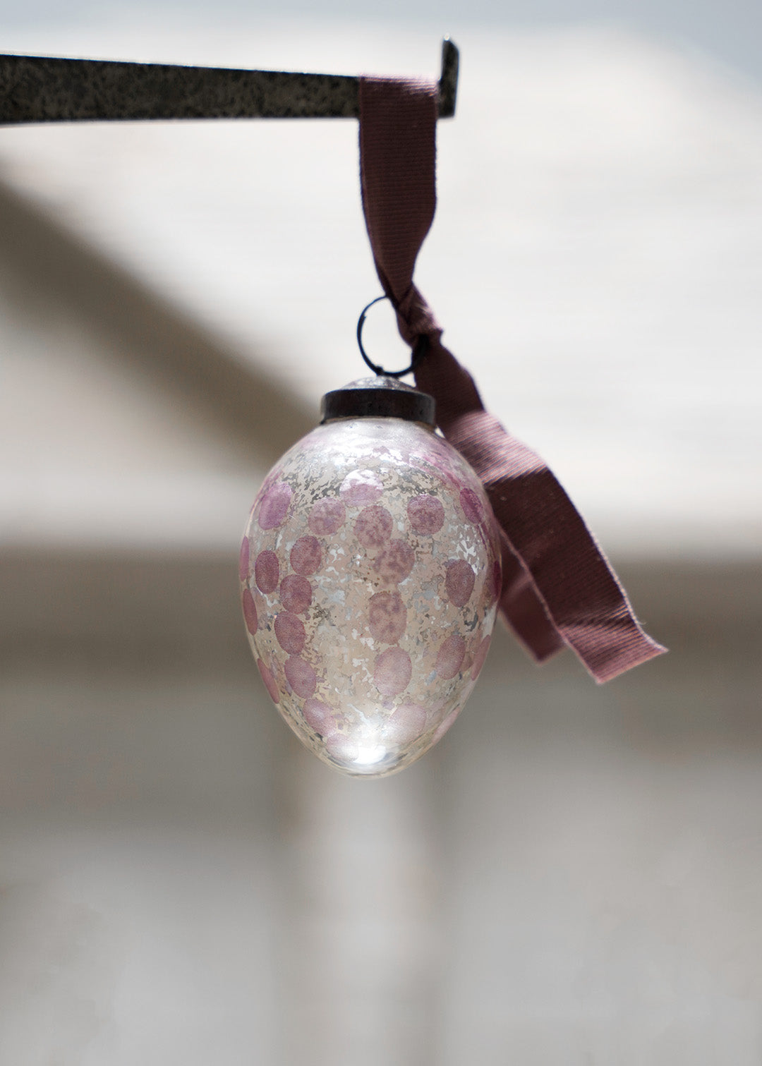 Bauble #9 silver Oval shaped w pink dots