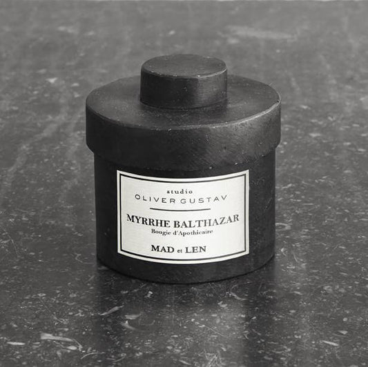 Myrrhe Balthazar' Scented Candle in black iron jar from Mad Et Len available at Studio Oliver Gustav